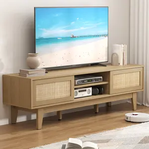 Rattern TV Stand for 65 Inch TV,Mid Century Modern Entainment Center with Rattern Doors,Boho TV Console with Storage Shelf Home Decor