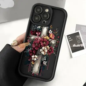 Classic Flower Cross Pattern Phone Case for IPhone 16 15 14 Pro Max 13 12 11 XR XS Plus Shockproof Non Slip Military-Grade Protection Silicone Cover