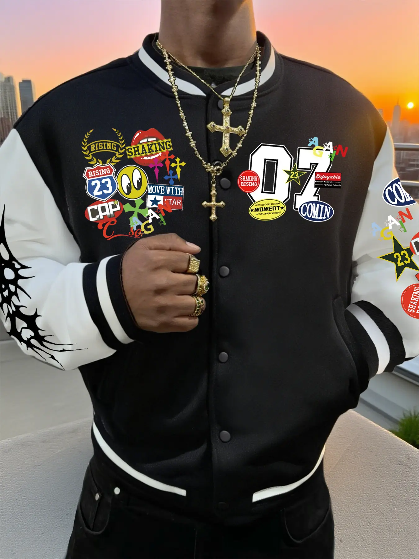 American Vintage Colorblock Baseball Jersey, Casual Sports Jersey, Multi-Element Print, Loose Fit, Comfortable Casual Wear for All Seasons