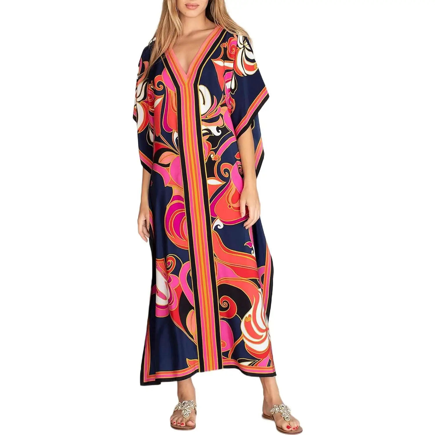 Cashew Flower Silk Caftan Women Vneck beach Cover up Caftans Loose Plus Size Floral Print Side Split Kaftan Dresses