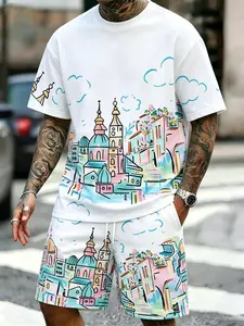 Men's Sporty Casual Suit, Multicolor City Print Clouds & Buildings Pattern, Streetwear Vacation Style Set, Fitted Clothing