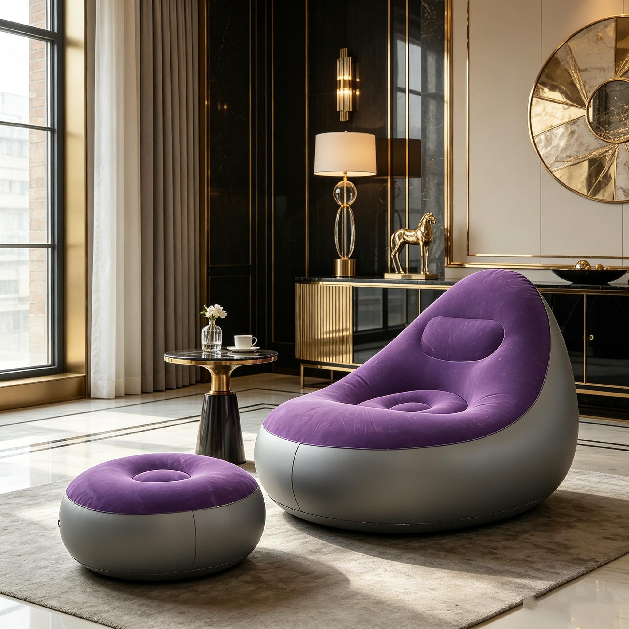 1pc purple Foldable Inflatable Recliner with Footrest, Comfortable Flocked Nylon Texture, Portable Lightweight Lounge Sofa for Home Bedroom Balcony Camping Outdoor Use