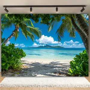 Tropical Beach Background Banner, Multifunctional Photography Decoration, Spring Summer Party Decor, Palm Tree Sky Sea Design, Pull Flag Banner