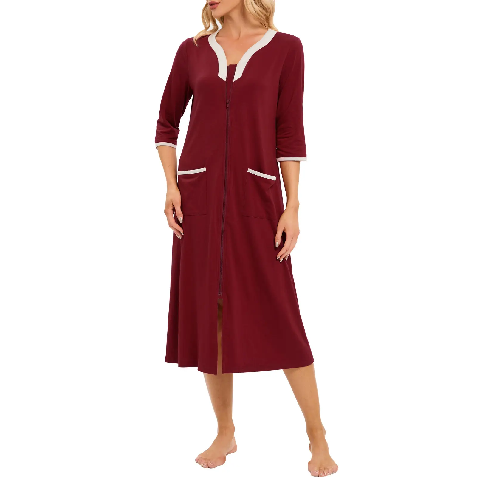 A women's zipper long robe with 3/4 sleeves for home wear, a full-length nightgown with pockets for home wear, and a long bathrobe for sleepwear