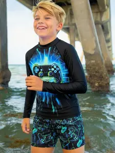 Boys' Long Sleeve Sun Protection Top + Shorts Set, Casual Loose-Fitting Beach Vacation, Cartoon Pattern Swimwear