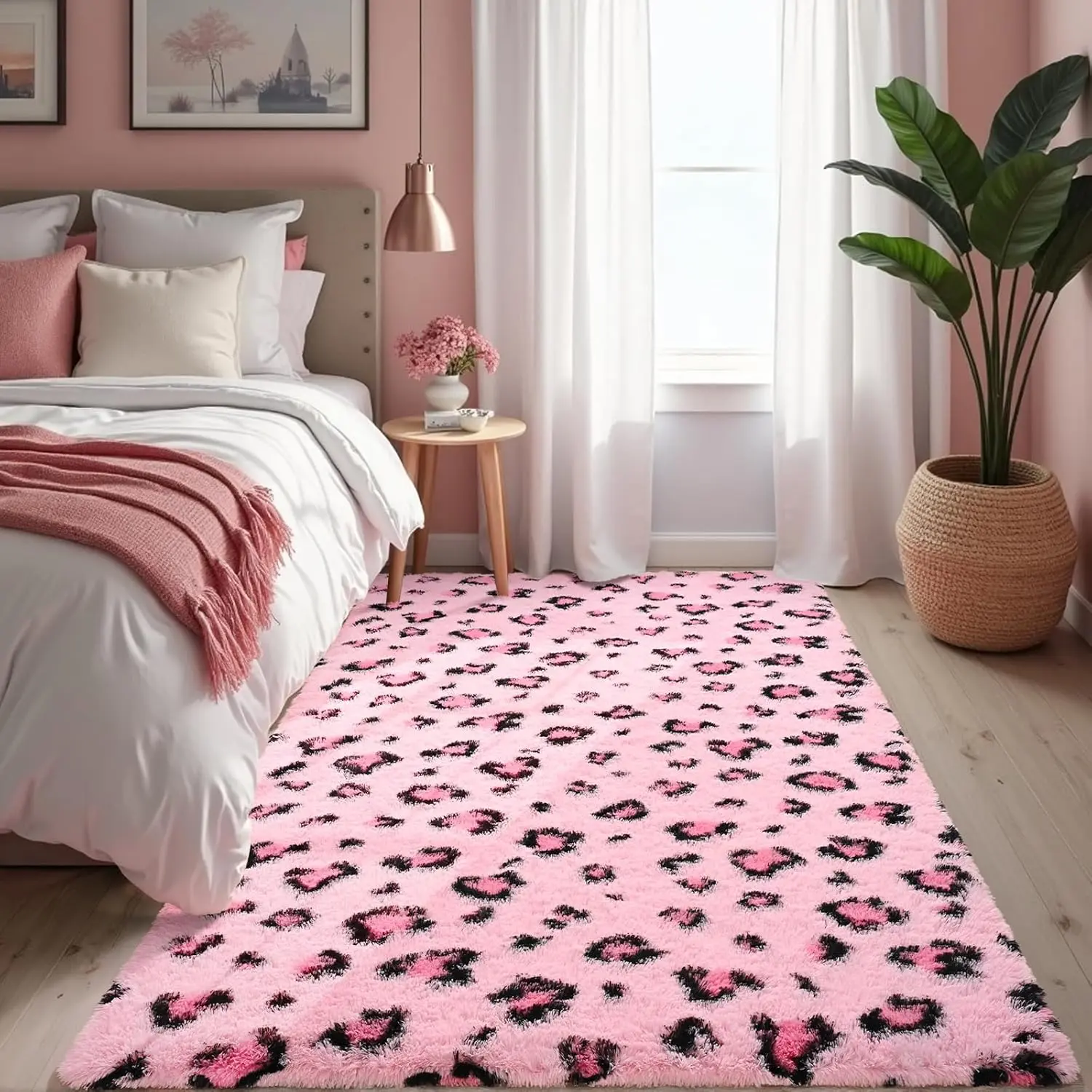 High-Grade Fluffy Cheetah Pattern Rug - Western-Style Silk-Like Polyester Fiber Decor, Black & Khaki Plush Antislip Base Rug for Living Room Decor, Bedroom