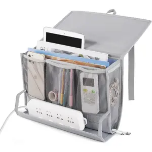 Bedside Storage Organizer with Power Strip Holder and Adjustable Straps Bed Hanging Bag for Home Bunk Bed Dorm Sofa (Light Gray)