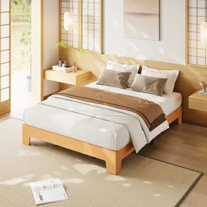 Minimalist Solid Wood Bed Frame, No Headboard Required – Sturdy Low Profile Platform Bed with Natural Wood Grain, Noise-Free, Easy Assembly