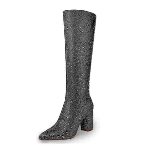 Sparkly Boots for Women, Rhinestone Knee High Boots Pointed Toe Stiletto Heeled Ankle Booties Bling Sparkling Boots
