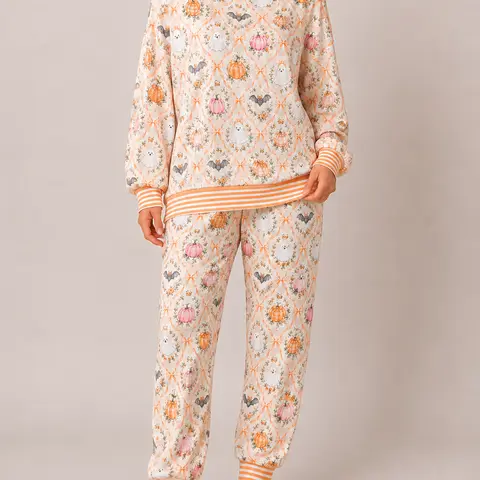 Women's Halloween Pajama Set, Cute Pumpkin Ghost Print Long Sleeve Lounge Set, Cozy Fall Sleepwear 2 Piece Outfit, Comfy Christmas Holiday Homewear Gift for Women