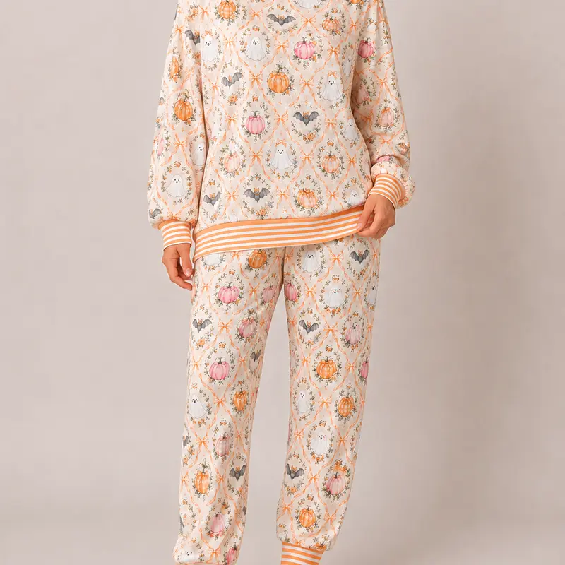 Women's Halloween Pajama Set, Cute Pumpkin Ghost Print Long Sleeve Lounge Set, Cozy Fall Sleepwear 2 Piece Outfit, Comfy Christmas Holiday Homewear Gift for Women