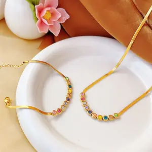 Colorful Jewelry Set Zircon-Studded Necklace For Women, High-End Titanium Steel, Non-Fading, Unique And Fashionable Flat Snake Bone Chain Bracelet