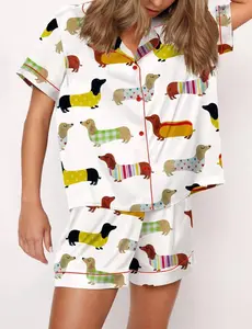 Cute Dachshund Satin Pajama Set For Women Breathable Sleepwear Softy
