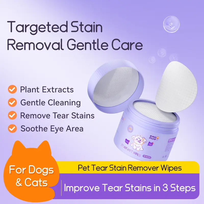 Smileplus Pet Hypoallergenic Tear Stain Remover Wipes - Double Layer Thickened, Hand-Inserted Design, Tear Removal for Dogs & Cats, Gentle Cleaner for Discharge, Crust, Booger & Debris, Soothing Wash for Face, Wrinkles, 80 Pads