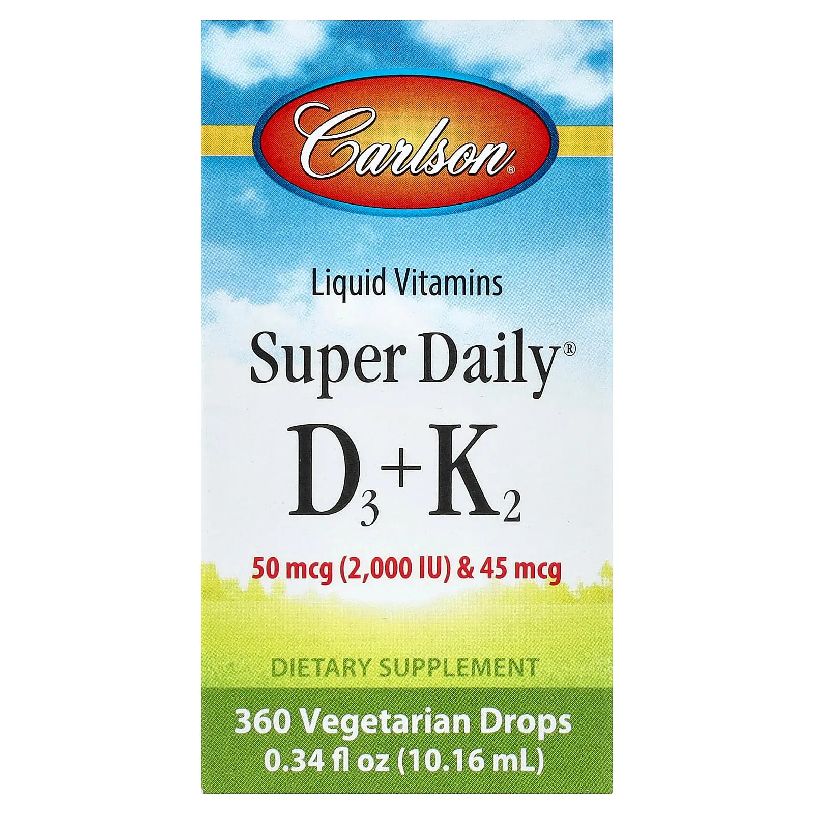 Carlson Super Daily® D3 + K2, 50 mcg (2,000 IU) & 45 mcg, 0.34 fl oz (10.16 ml)