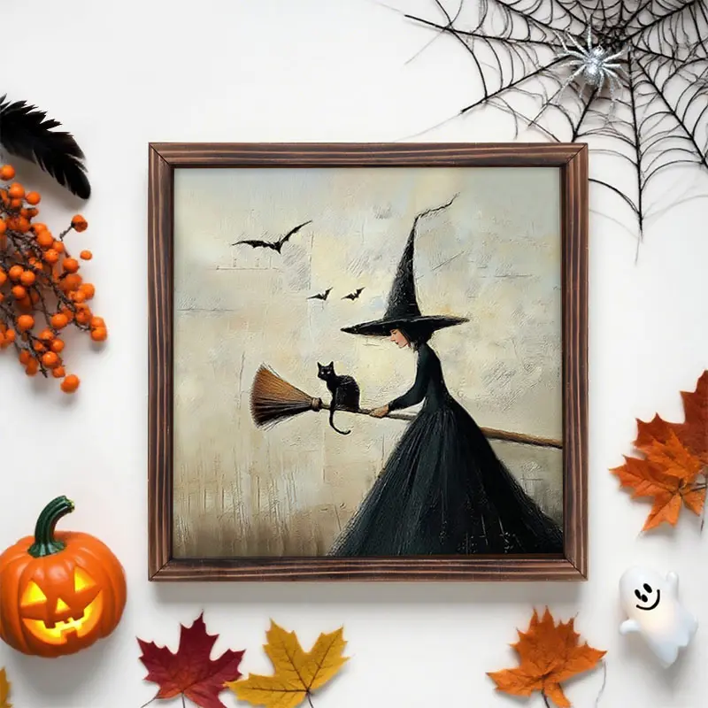 Halloween 8x8in Wooden Framed Picture Artwork, Gothic Witch Decor, Spooky Home Wall Art, Unique Gift Idea, Perfect for Living Room & Bedroom, Decoration