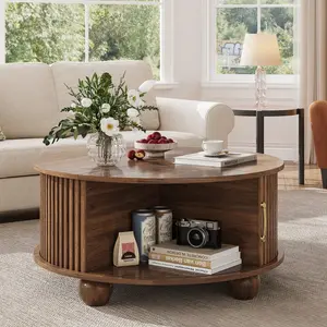 Round Coffee Table with Storage, 31.5" Fluted Center Table for Living Room, Modern Walnut Wood Circle Drum Table with Sliding Cabinet Door, Mid Century Furniture for Living Room, Bedroom