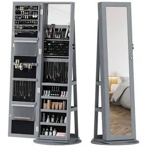 Gray Jewelry Armoire with Full-Length Mirror 360 Degree Swivel Lockable Cabinet Metal Jewelry Organizer with Storage Shelves