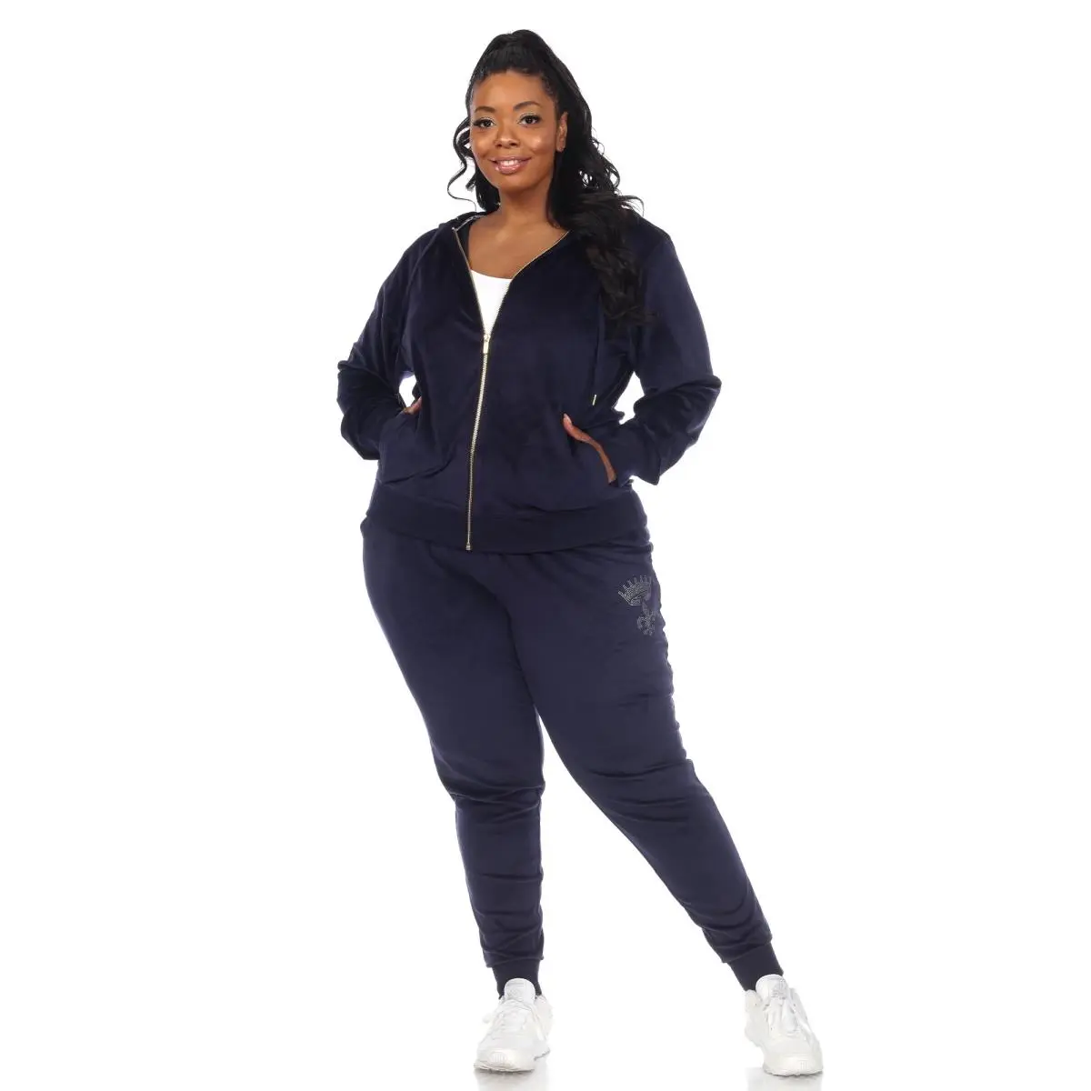 White Mark Women's Plus Size Velour Tracksuit Set with Rhinestone Accents, 2-Piece Athletic Sweatpants Outfit & Zip-Up Hoodie