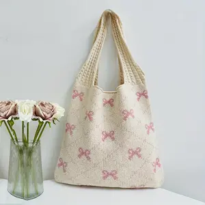 Bowknot Knitted Tote Bag, Cute Woven Shoulder Bag, Aesthetic Crochet Bag For Women Handmade Tote Bag Handbag Tote Bag