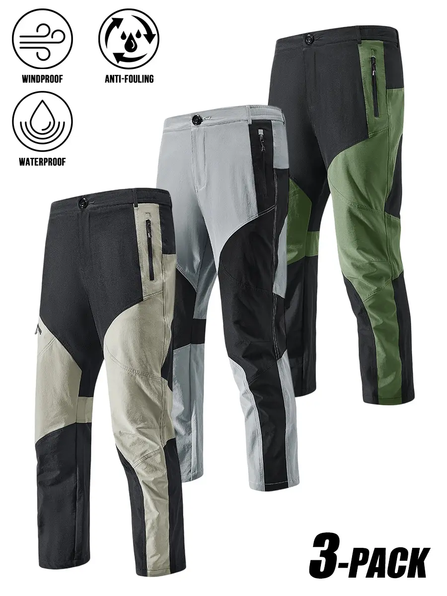 3-PACK Men Color Block Tactical Cargo Hiking Pants, 3-proof windproof waterproof anti-fouling functional fabric, stretch straight leg zip pockets outdoor climbing trekking camping fishing tactical combat trousers