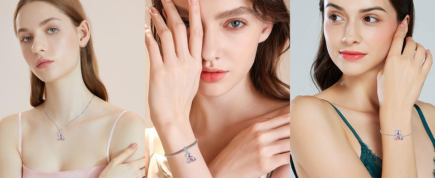 Teddy Bear Crystal Necklaces for Women 925 Sterling Silver Bear Birthstone Necklace Birthday Valentines Day Teddy Bear Jewelry Gifts for Mom Daughter Wife