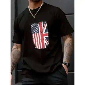 100% Cotton Unisex American Flag & British Flag USA UK Stars Stripes Union Jack T-Shirt - Printed Short Sleeve T-Shirt Top