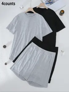 Men's Simple Style Casual Sleepwear Set, Includes Matching Short Sleeves, Suitable for All Seasons, Fitted Design, Letter Pattern