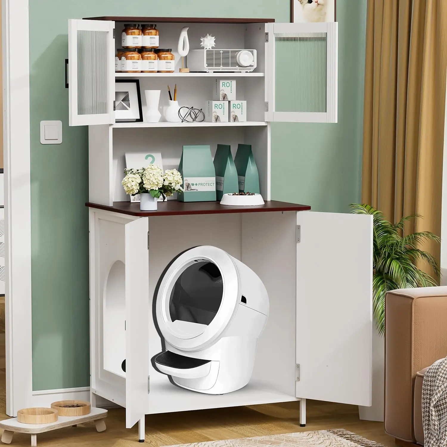 PAKASEPT Cat Litter Box Enclosure Furniture for Self-Cleaning Cat Litter Box, Litter Box Furniture with Shelves and Doors for Large Smart Litter Box, Two cabinets，White cabinets pantry