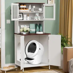 PAKASEPT Cat Litter Box Enclosure Furniture for Self-Cleaning Cat Litter Box, Litter Box Furniture with Shelves and Doors for Large Smart Litter Box, Two cabinets，White cabinets pantry