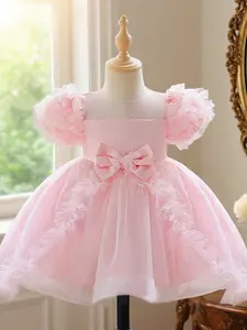 Baby girl Cute Pink Bow dress, sweet floral print dress suitable for baby girl's first birthday baptism birthday party birthday gift