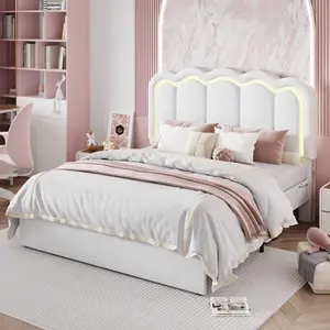 White Velvet Upholstered Platform Bed Frame, Twin Full Or Queen Size, Adjustable Wavy Design Headboard With 16M+ RGB Smart LED Lights, Music Sync App Control, Extra Large Storage Drawer, Side Pocket, Noise Free, Solid Wooden Slats, Easy Assembly, No Box S