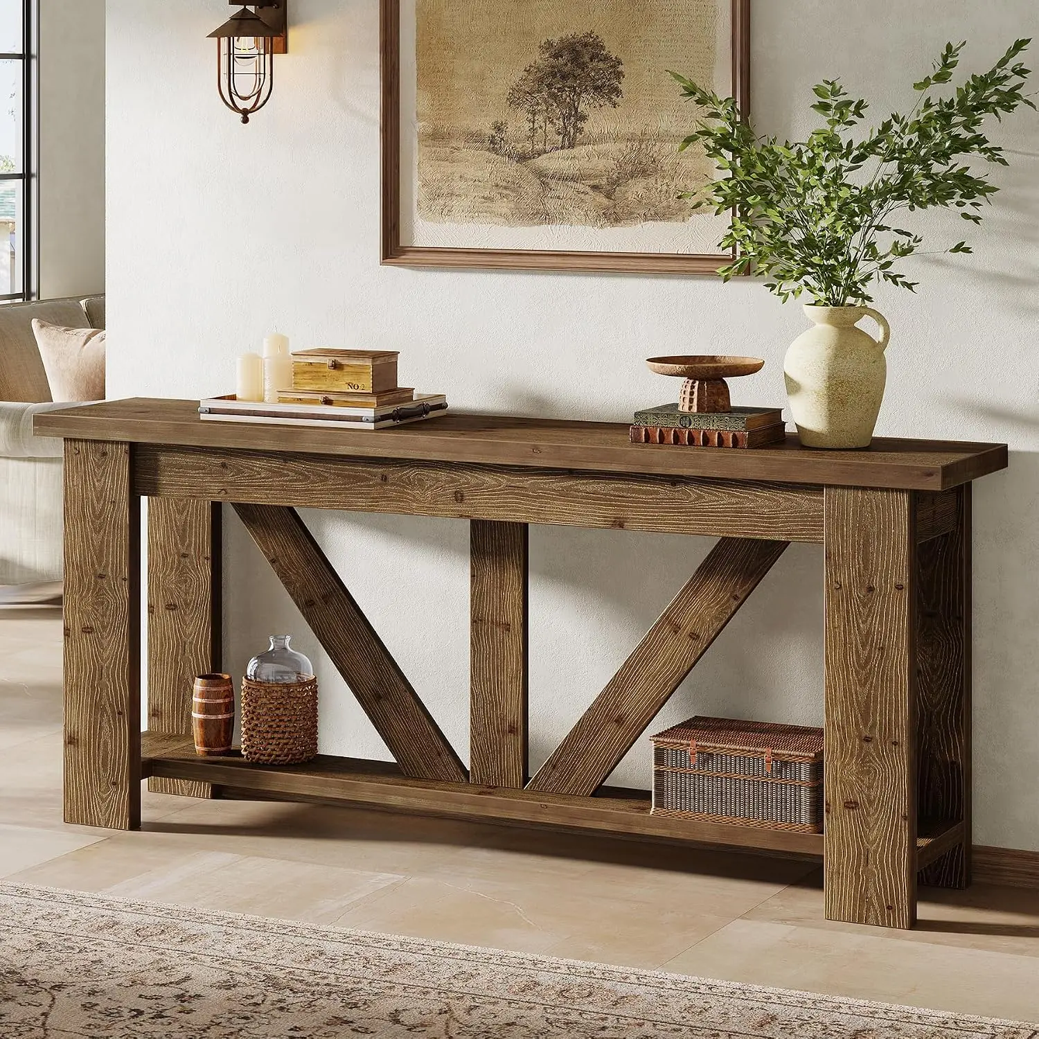 TRIBEWOOD Solid Wood Console Sofa Table, 70.9 In Extra Long 2-Tier Storage Shelves Rustic Table for Living Room, Entryway, Hallway