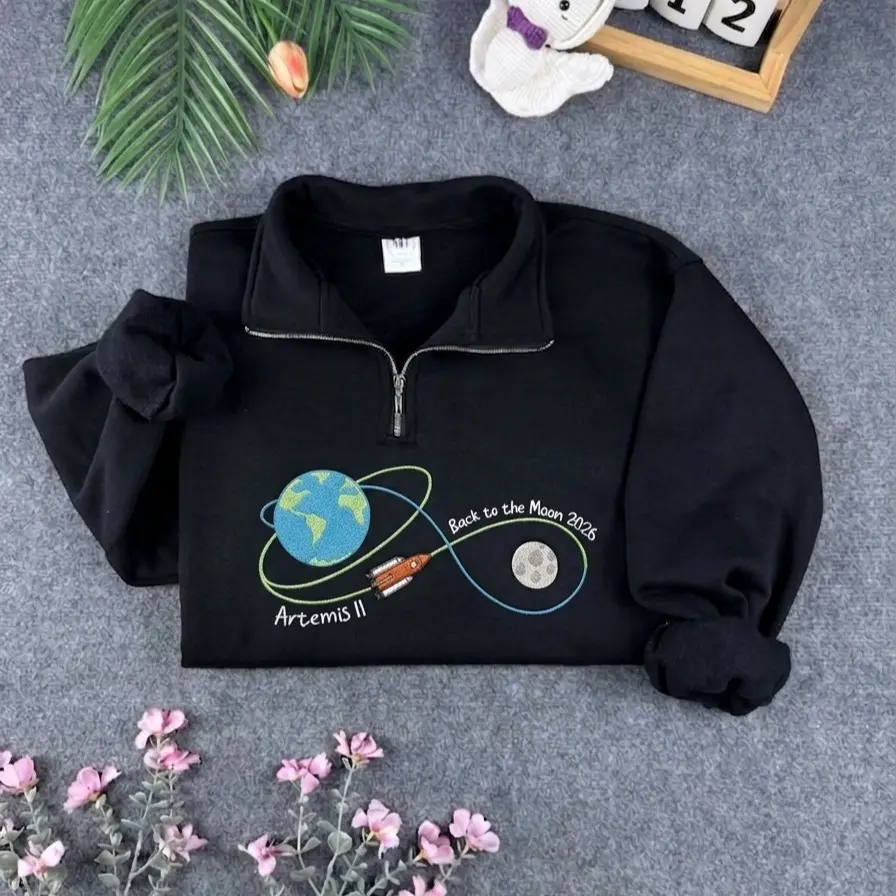 Embroidered Artemis II Quarter Zip, Back To The Moon 2026 Quarter Zip, NASA 1/4 Zip Sweater,  Astronomy Gift, Science Lover Apparel