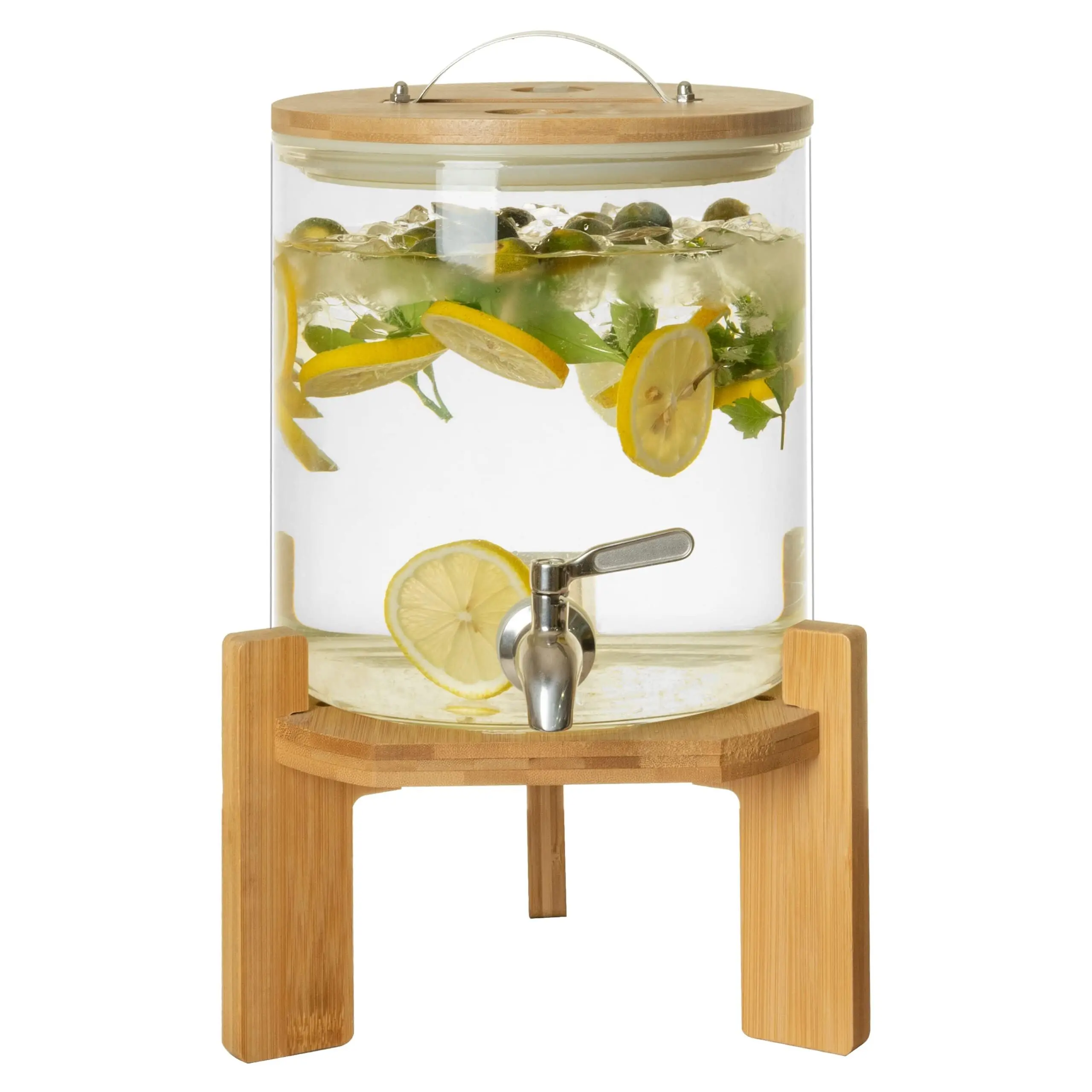 LÉPICÉA Drink Dispenser Glass Drink Dispenser with Stand Drink Dispenser for Parties Beverage Dispenser with Stand 304 Stainless Spigot Wood Stand 1/2 Gallons Iced or Hot Beverage Dispenser
