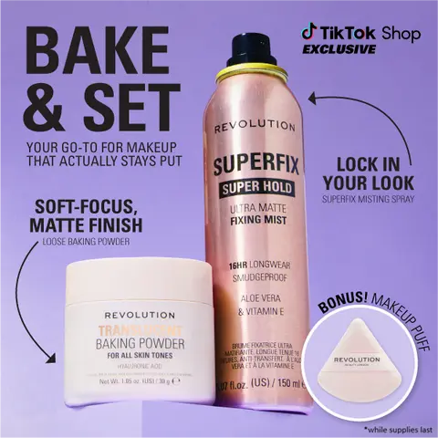 Revolution Bake & Set Bundle: includes Loose Baking Powder & Superfix Misting Setting Spray