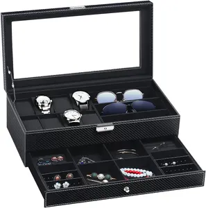 Watch Box Watch Case Watch Holder Organizer  Case Drawer Sunglasses Display Box Storage Earrings Storage Organizer Lockable with Glass Top and PU Leather for Men Women (All Black)