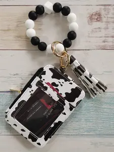 1Pc Women’s Cow Print Beaded Wristlet Keychain Wallet, PU Leather Card Holder with Silicone Beaded Bracelet, Multi-Functional Key Ring Purse for Everyday & Travel Use