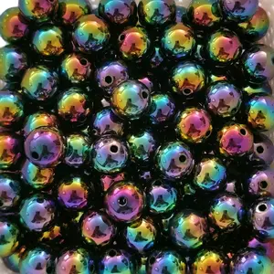 16 MM Black AB Iridescent Beads 10 Piece Acrylic Rainbow Metallic Round with Center Drill Hole for Bracelets Necklaces Earrings Keychains, pens, Craft Projects