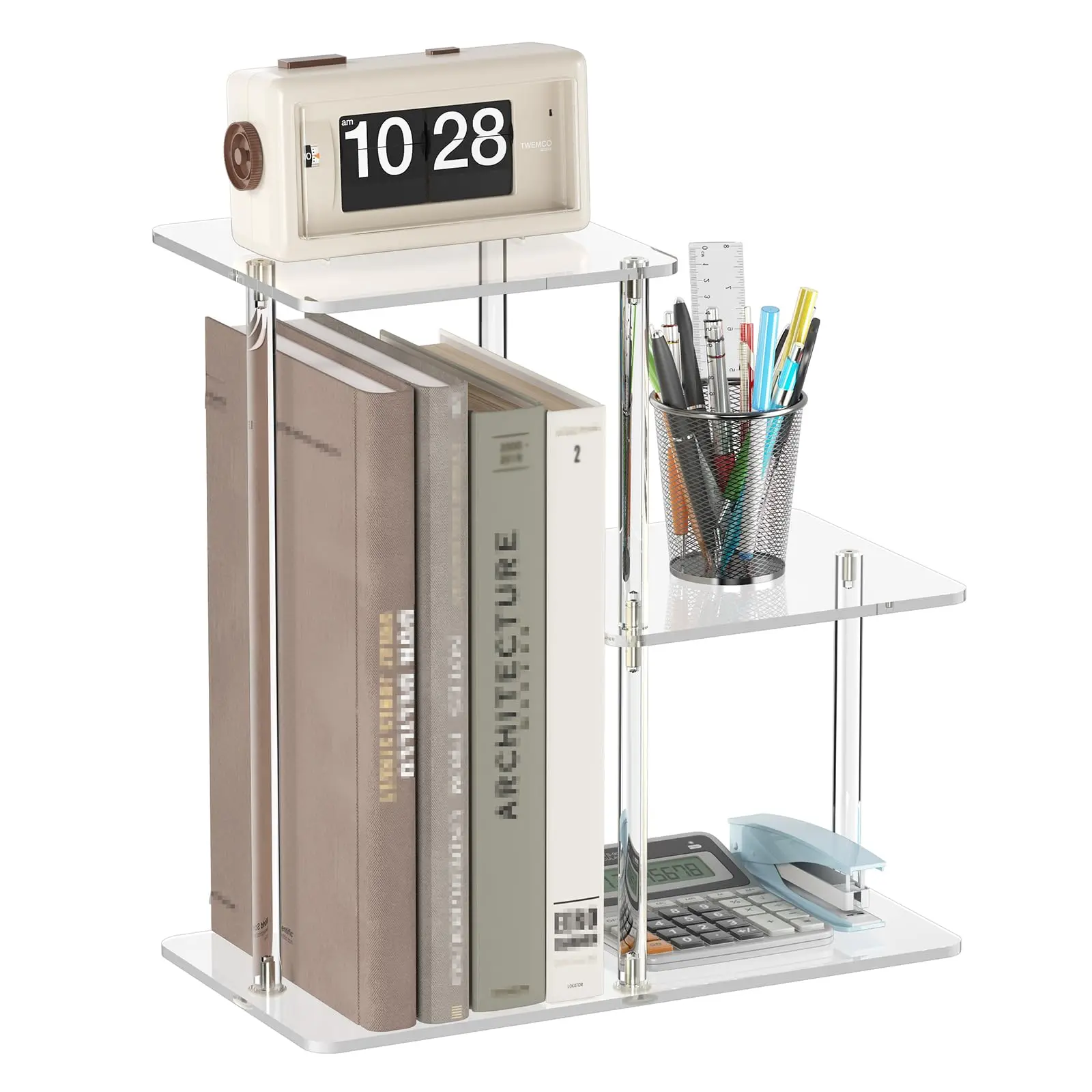 Acrylic Desktop Bookshelf, 7.9" D x 15" W x 15.3" H, Small Desktop Shelves Organizer, 3-Tier Clear Mini Table Top Shelf for Office Supplies and Desk Accessories, Easy Assembly