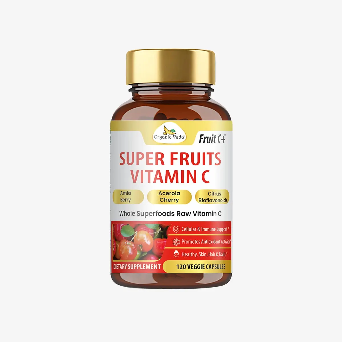 Organic Veda Super Fruits Vitamin C Supplement - Amla Fruit & Acerola Vitamin C Capsules with Bioflavonoids for Daily Immune Support - Organic Whole Food Fruit C+ Antioxidants Complex, 120 Vegan Pills