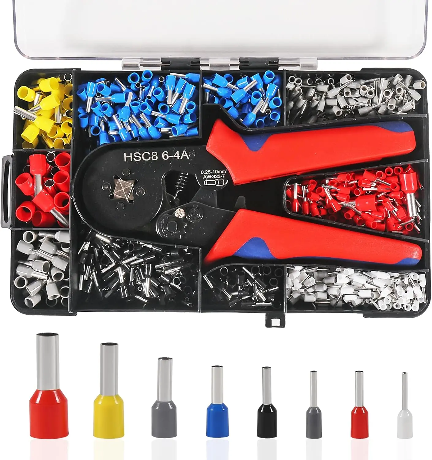 Ferrule Crimping Tool Kit with 1200PCS Wire Ferrules, Adjustable Ratchet Mechanism Tool with Adjustable Force for AWG 23-7 (0.25-10mm²), 360° Full-Contact Crimp, 7 Most-Used Sizes for Home DIY Projects, Car Audio Wiring