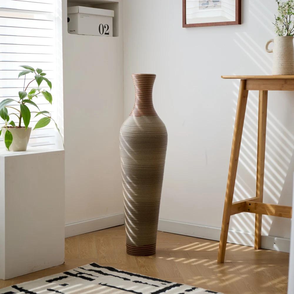 39.3 Inch Tall Hand-Woven PVC Rattan Floor Vase Brown Two-Tone Farmhouse Decorative Vase for Outdoor Living Room Decor