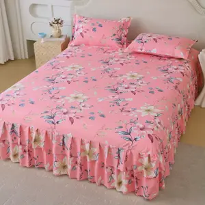 Floral Print Ruffled Edge Bed Skirt Set, 3 Counts/set Including 1 Bed Skirt & 2 Pillowcases without Filler, Comfy Bedding Set for Home Bedroom, Christmas gift