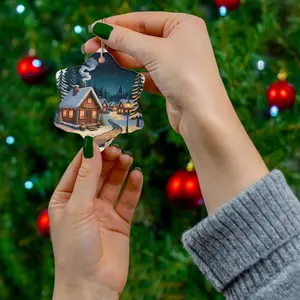 Cozy Snowy Cabin Scene Ceramic Ornament | Round Christmas Tree Decoration