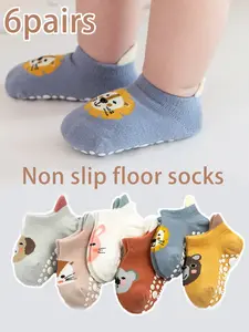 6 Pairs Kids Socks, Baby Toddler Non-Slip Indoor Floor Socks, Adorable Cartoon Socks, Cartoon Animal Design, Unisex Children Anti-Skid Socks for Boys & Girls