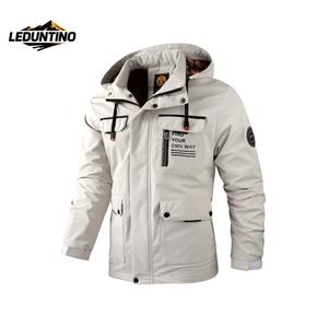 LEDUNTINO Men's Letter-Printed Hooded Waterproof Jacket with Button Closure & Pockets Windbreaker for Autumn Casual Wear Outdoor Essentials