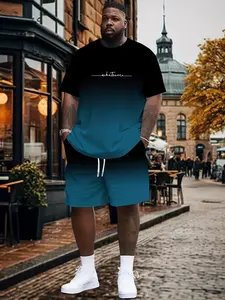 Men's Plus Size Short Sleeve Round Neck Set, Menswear, Casual Daily Wear, Low Profile with Inner Meaning, Must-Have Clothing Set, Loose Fit, All over Print