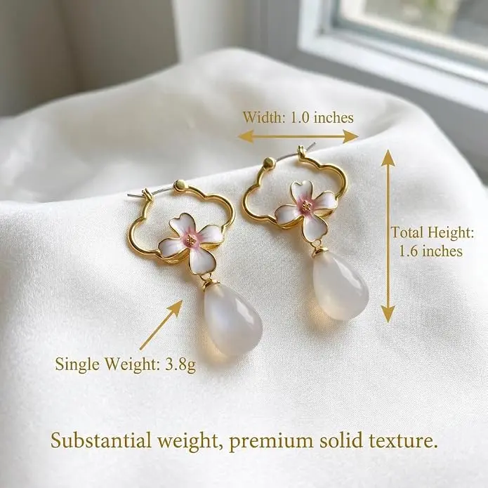Pink Peach Blossom Agate Drop Earrings for Women | Hand Painted Enamel Floral Earrings with 925 Sterling Silver Posts