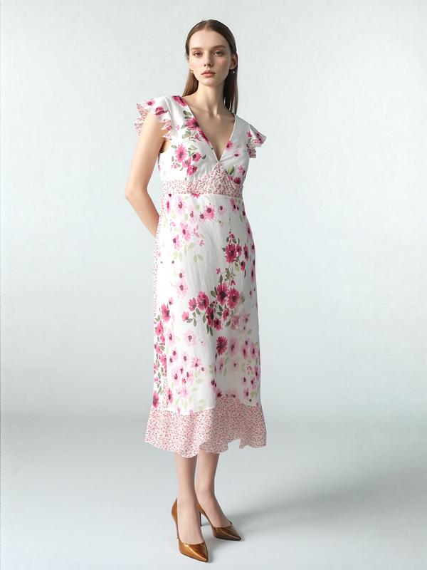 New York & Co Vintage White & Pink Floral Midi Dress with Flutter Sleeves Ruffle Hem Size 6 Sheer Fabric Fully Lined for Special Occasions